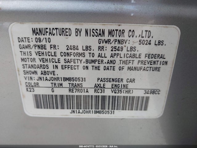 44747772 :رقم المزاد ، JN1AJ0HR1BM850531 vin ، 2011 Infiniti Ex35 Journey مزاد بيع