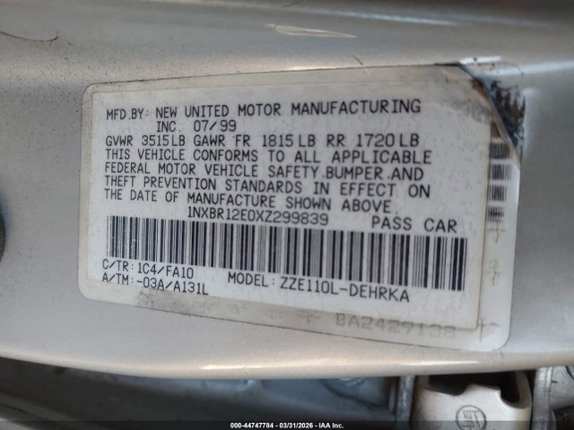 1999 TOYOTA COROLLA 1NXBR12E0XZ299839 Photo 8