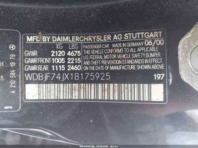 Aukcja sprzedaży 2001 Mercedes-benz E 55 Amg, vin: WDBJF74JX1B175925, numer aukcji: 44747799