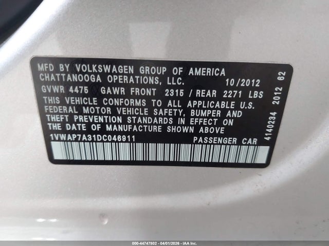 Продаж на аукціоні авто 2013 Volkswagen Passat S, vin: 1VWAP7A31DC046911, номер лоту: 44747802