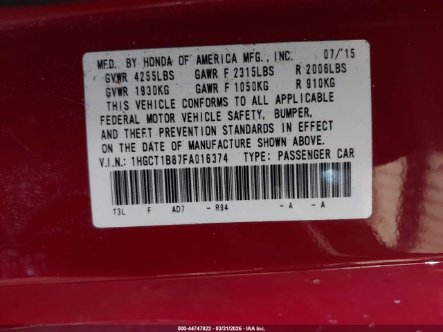 Продажа на аукционе авто 2015 Honda Accord Ex-l, vin: 1HGCT1B87FA016374, номер лота: 44747822