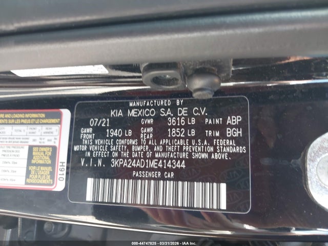 Aukcja sprzedaży 2021 Kia Rio S, vin: 3KPA24AD1ME414344, numer aukcji: 44747825