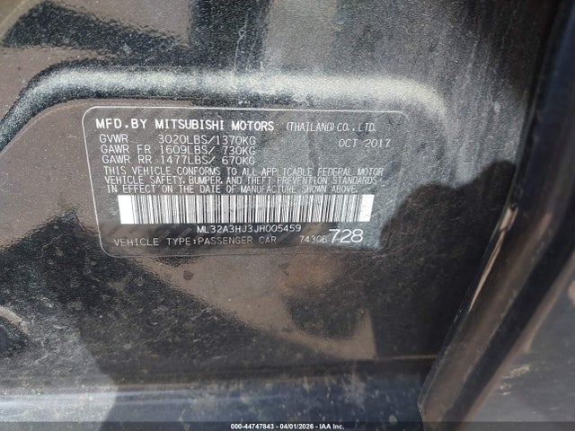 44747843 :رقم المزاد ، ML32A3HJ3JH005459 vin ، 2018 Mitsubishi Mirage Es مزاد بيع