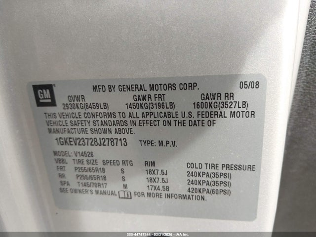 2008 GMC ACADIA 1GKEV23728J278713 Photo 8