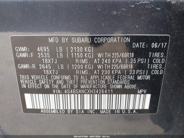 2017 Subaru Outback 2.5i Limited მანქანა იყიდება აუქციონზე, vin: 4S4BSANCXH3426411, აუქციონის ნომერი: 44747846