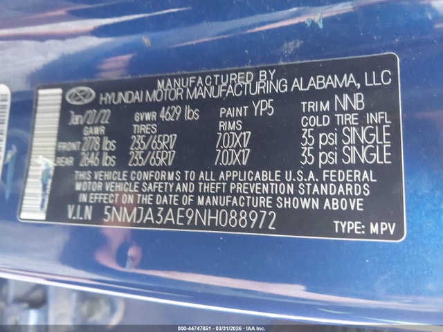 2022 Hyundai Tucson Se მანქანა იყიდება აუქციონზე, vin: 5NMJA3AE9NH088972, აუქციონის ნომერი: 44747851