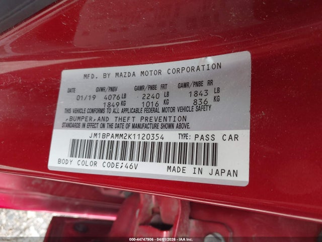44747906 :رقم المزاد ، JM1BPAMM2K1120354 vin ، 2019 Mazda Mazda3 Preferred Package مزاد بيع