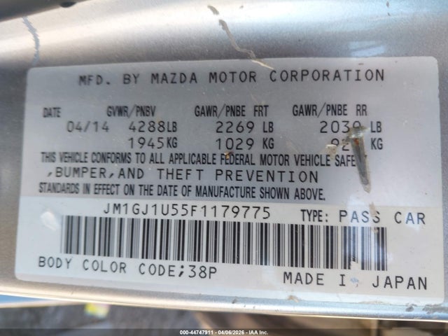 44747911 :رقم المزاد ، JM1GJ1U55F1179775 vin ، 2015 Mazda Mazda6 I Sport مزاد بيع