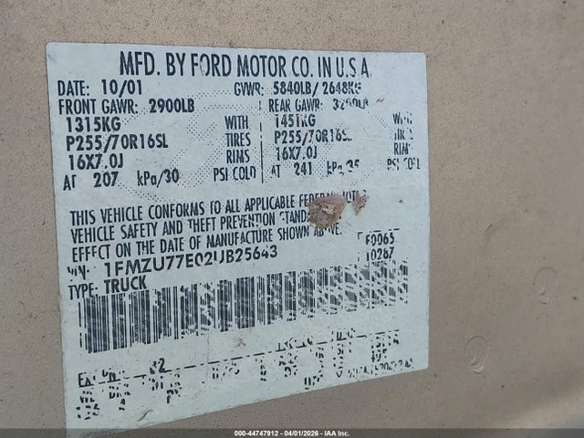 Aukcja sprzedaży 2002 Ford Explorer Sport Trac, vin: 1FMZU77E02UB25643, numer aukcji: 44747912