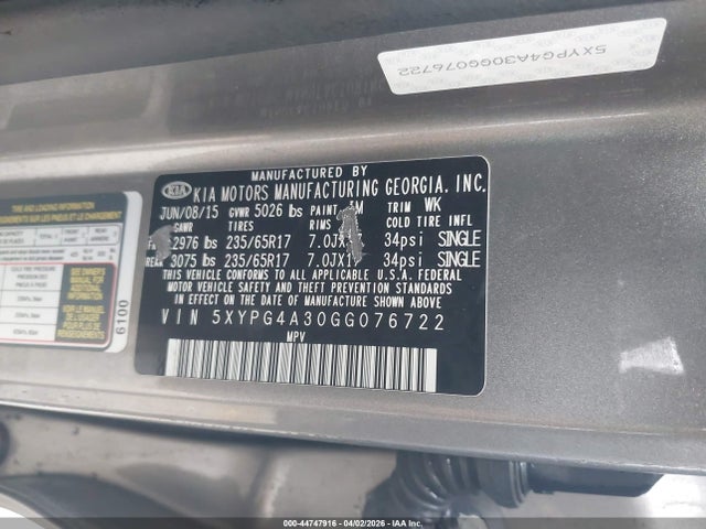 2016 Kia Sorento 2.4l Lx მანქანა იყიდება აუქციონზე, vin: 5XYPG4A30GG076722, აუქციონის ნომერი: 44747916