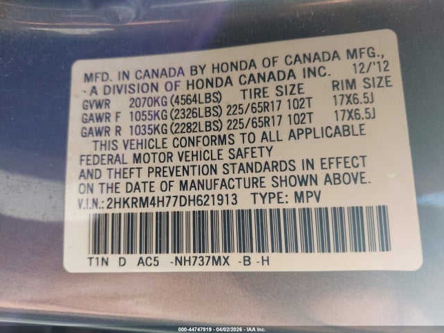 Продаж на аукціоні авто 2013 Honda Cr-v Ex-l, vin: 2HKRM4H77DH621913, номер лоту: 44747919