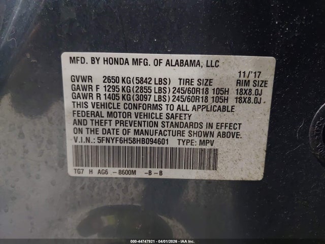Aukcja sprzedaży 2017 Honda Pilot Ex-l, vin: 5FNYF6H58HB094601, numer aukcji: 44747921
