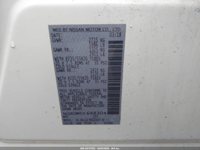 Продаж на аукціоні авто 2018 Nissan Pathfinder Sl, vin: 5N1DR2MM9JC648304, номер лоту: 44747922