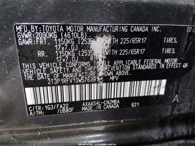 44747923 :رقم المزاد ، 2T3P1RFV1SW576391 vin ، 2025 Toyota Rav4 Xle مزاد بيع