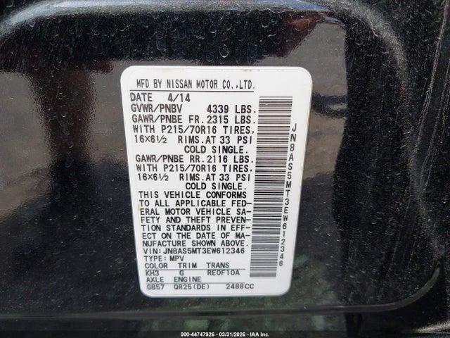 44747926 :رقم المزاد ، JN8AS5MT3EW612346 vin ، 2014 Nissan Rogue Select S مزاد بيع
