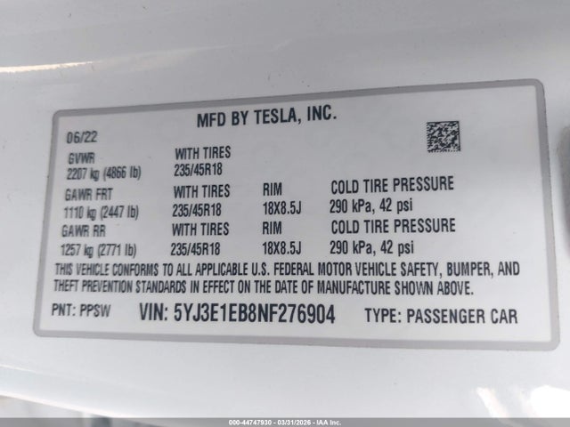 Продажа на аукционе авто 2022 Tesla Model 3 Long Range Dual Motor All-wheel Drive, vin: 5YJ3E1EB8NF276904, номер лота: 44747930