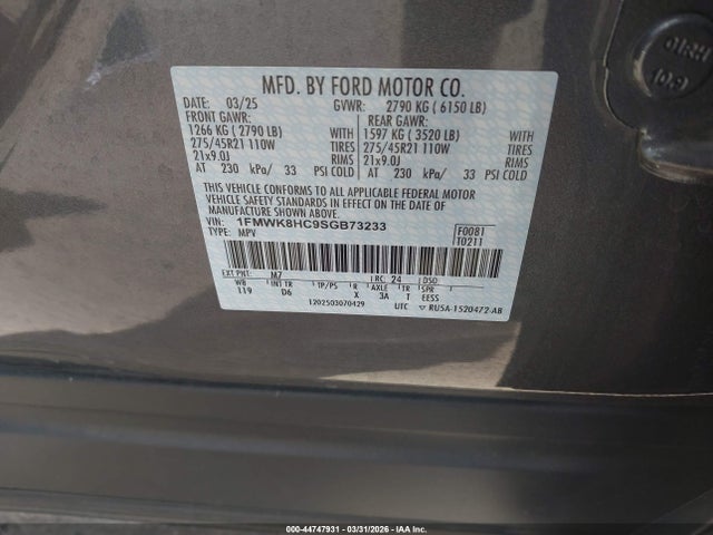 1FMWK8HC9SGB73233 Ford Explorer Platinum