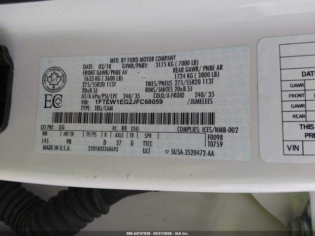 Aukcja sprzedaży 2018 Ford F-150 Platinum, vin: 1FTEW1EG2JFC68059, numer aukcji: 44747939