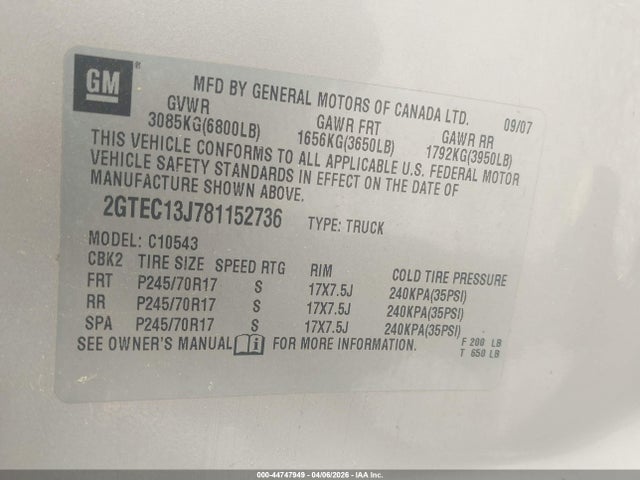 2008 Gmc Sierra 1500 Sle1 მანქანა იყიდება აუქციონზე, vin: 2GTEC13J781152736, აუქციონის ნომერი: 44747949