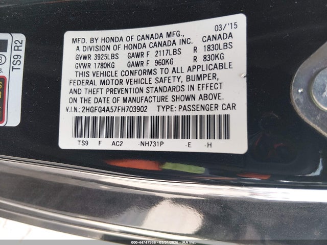 Honda CIVIC SI 2015 2HGFG4A57FH703902 Image 9