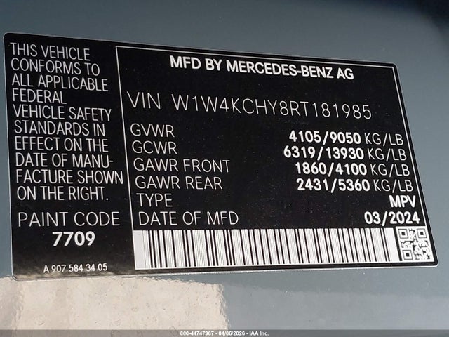 44747967 :رقم المزاد ، W1W4KCHY8RT181985 vin ، 2024 Mercedes-benz Sprinter 2500 High Roof 4-cyl Diesel مزاد بيع