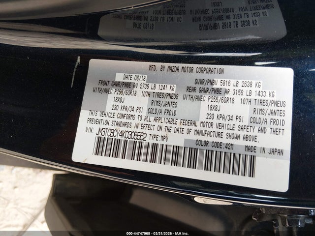 Продаж на аукціоні авто 2019 Mazda Cx-9 Touring, vin: JM3TCBCY4K0305562, номер лоту: 44747968
