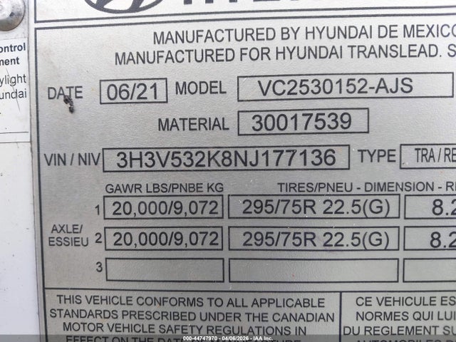 Aukcja sprzedaży 2022 Hyundai Translead Inc Unknown, vin: 3H3V532K8NJ177136, numer aukcji: 44747970