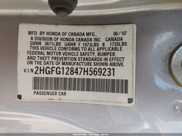 Aukcja sprzedaży 2007 Honda Civic Ex, vin: 2HGFG12847H569231, numer aukcji: 44747986