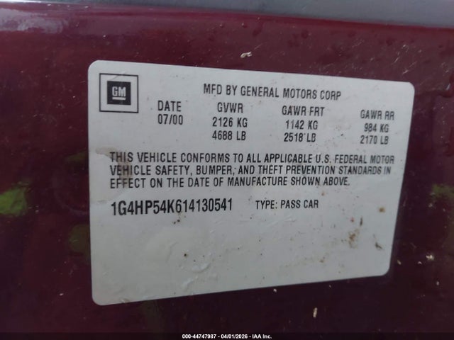44747987 :رقم المزاد ، 1G4HP54K614130541 vin ، 2001 Buick Lesabre Custom مزاد بيع