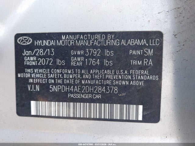 Aukcja sprzedaży 2013 Hyundai Elantra Gls, vin: 5NPDH4AE2DH284378, numer aukcji: 44747990