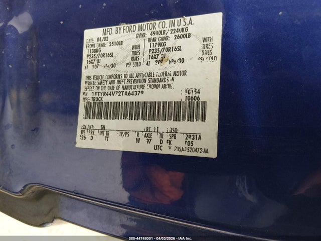 2002 Ford Ranger Edge/tremor/xlt მანქანა იყიდება აუქციონზე, vin: 1FTYR44V72TA64379, აუქციონის ნომერი: 44748001