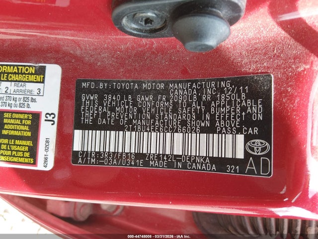 Продажа на аукционе авто 2012 Toyota Corolla Le, vin: 2T1BU4EE6CC766026, номер лота: 44748008
