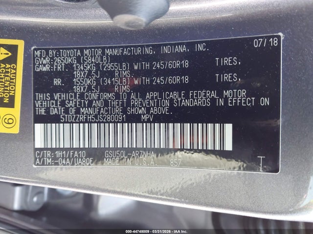 Toyota Highlander Le Plus 2018 5TDZZRFH5JS280091 Image 9