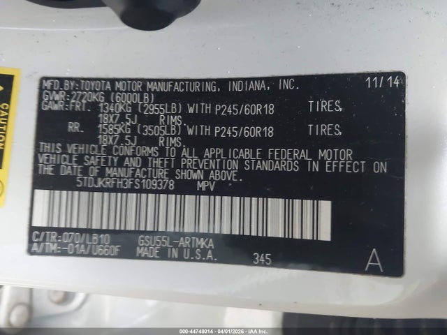 Продаж на аукціоні авто 2015 Toyota Highlander Xle V6, vin: 5TDJKRFH3FS109378, номер лоту: 44748014