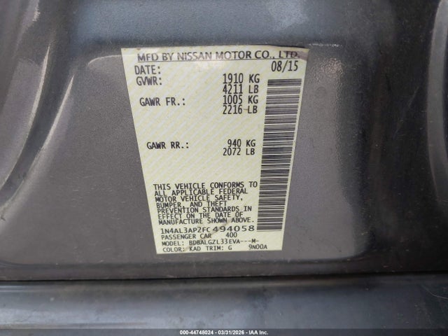 44748024 :رقم المزاد ، 1N4AL3AP2FC494058 vin ، 2015 Nissan Altima 2.5 S مزاد بيع
