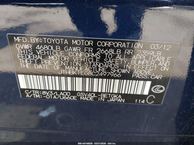 44748026 :رقم المزاد ، JTHBK1EG8C2497966 vin ، 2012 Lexus Es 350 مزاد بيع