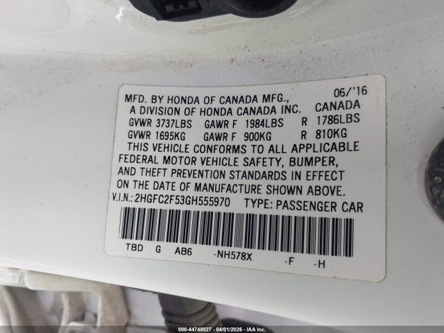 2016 Honda Civic Lx მანქანა იყიდება აუქციონზე, vin: 2HGFC2F53GH555970, აუქციონის ნომერი: 44748027