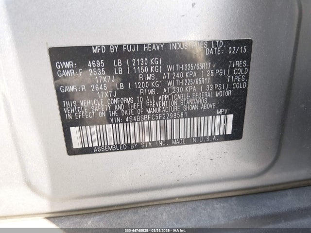 Aukcja sprzedaży 2015 Subaru Outback 2.5i Premium, vin: 4S4BSBFC5F3298581, numer aukcji: 44748039