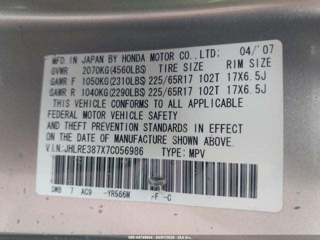 Auction sale of the 2007 Honda Cr-v Ex-l, vin: JHLRE387X7C056986, lot number: 44748044