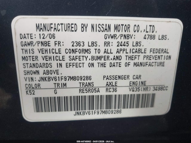 Продаж на аукціоні авто 2007 Infiniti G35x, vin: JNKBV61F97M809286, номер лоту: 44748062