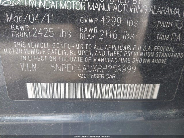 Aukcja sprzedaży 2011 Hyundai Sonata Se, vin: 5NPEC4ACXBH259999, numer aukcji: 44748068