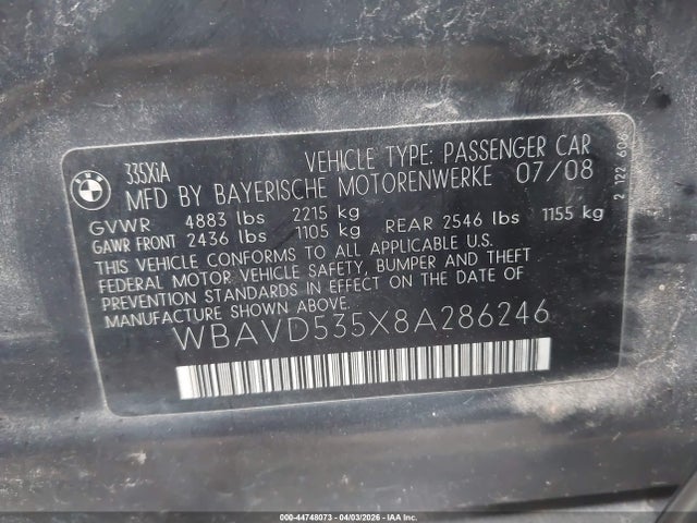 Продаж на аукціоні авто 2008 Bmw 335xi, vin: WBAVD535X8A286246, номер лоту: 44748073