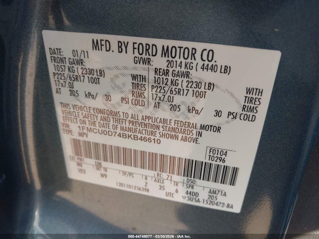 Продаж на аукціоні авто 2011 Ford Escape Xlt, vin: 1FMCU0D74BKB46610, номер лоту: 44748077