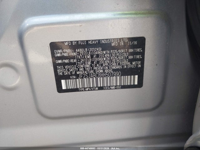 44748083 :رقم المزاد ، JF2SJABC8HH507990 vin ، 2017 Subaru Forester 2.5i مزاد بيع
