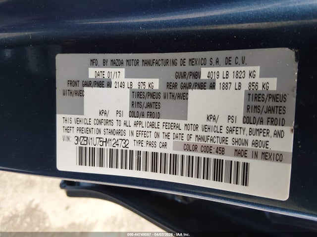 44748087 :رقم المزاد ، 3MZBN1U75HM124732 vin ، 2017 Mazda Mazda3 Sport مزاد بيع