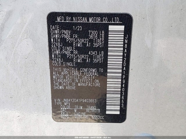 44748099 :رقم المزاد ، JN8AY2DA1P9403653 vin ، 2023 Nissan Armada Platinum 2wd مزاد بيع