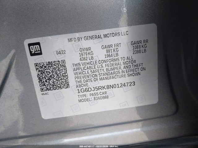 Продаж на аукціоні авто 2022 Cadillac Ct4 Luxury, vin: 1G6DJ5RK8N0124723, номер лоту: 44748117