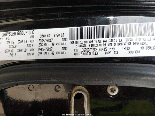 44748118 :رقم المزاد ، 1C6RD6FT6CS101415 vin ، 2012 Ram 1500 St مزاد بيع