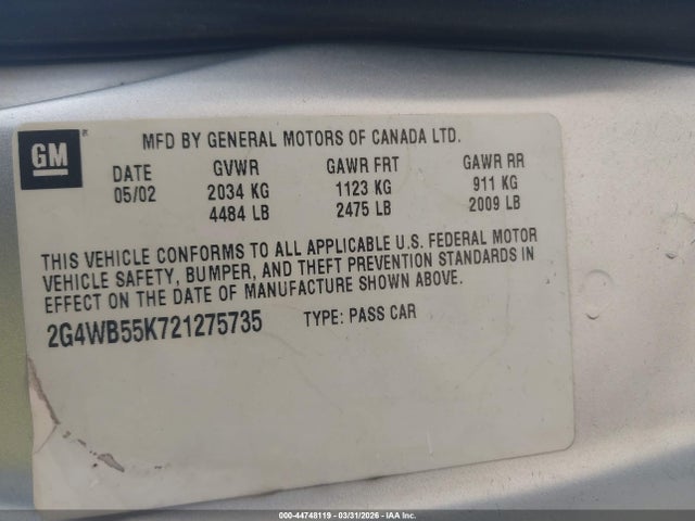 Aukcja sprzedaży 2002 Buick Regal Ls, vin: 2G4WB55K721275735, numer aukcji: 44748119