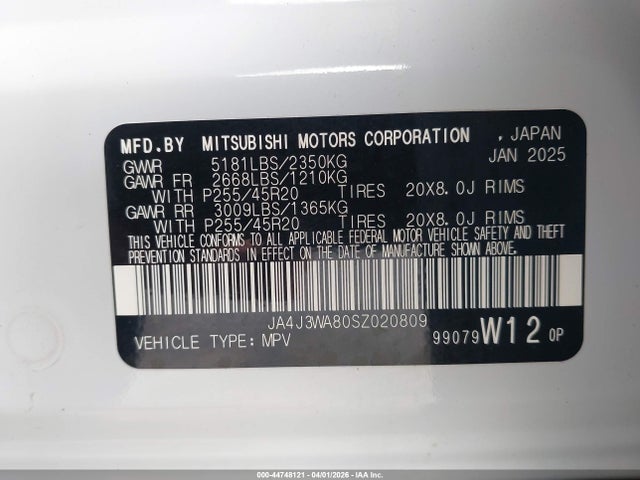 44748121 :رقم المزاد ، JA4J3WA80SZ020809 vin ، 2025 Mitsubishi Outlander Sel 2.5 2wd مزاد بيع